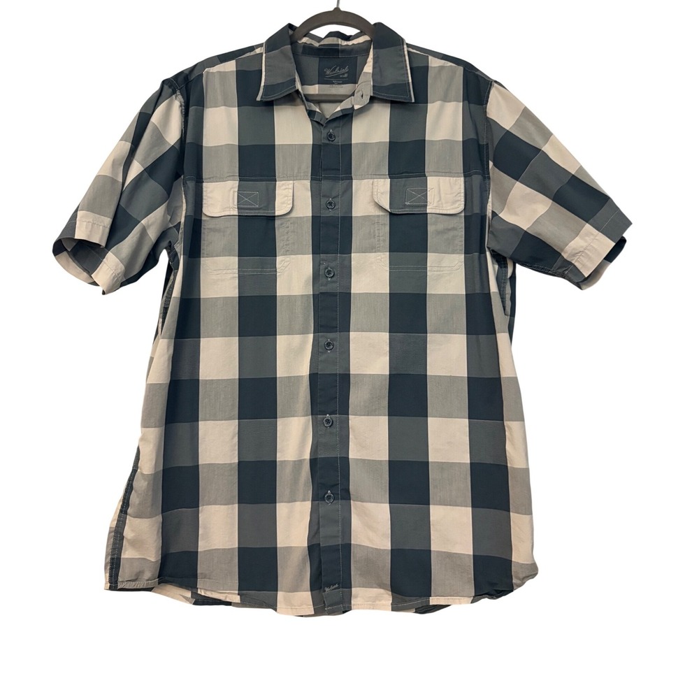 Woolrich Mens Grey Navy Buffalo Plaid Short Sleeve Button Down Shirt Large 0386R